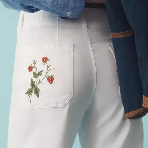 Anthropologie The Colette Embroidered Crop Wide-Leg Pants Strawberries Maeve 28